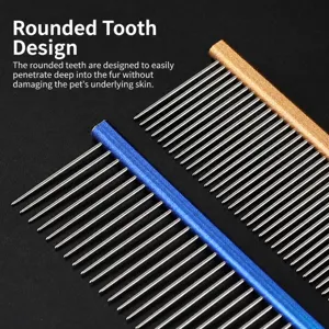 Peigne de toilettage pour animaux en acier inoxydable avec dents métalliques doubles.