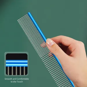 Stainless steel pet grooming comb, 19cm dog comb for long hair care with smooth handle.