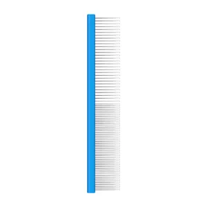 Professional pet grooming comb with stainless steel dual-density teeth for cats and dogs.