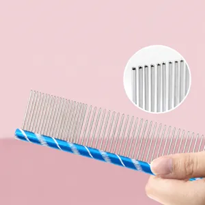 Pettine per toelettatura di animali in metallo con denti in acciaio inox per cani gatti.