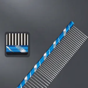 Professional pet grooming comb with durable metal teeth and stylish blue handle design for dogs.
