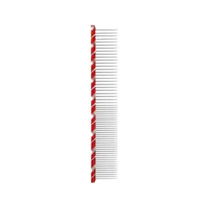 Professional pet grooming comb with durable metal teeth and stylish red patterned handle.