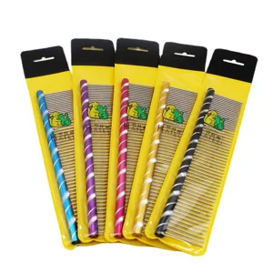 Metal pet grooming comb with colored spiral handle and dual-teeth design for dogs and cats.