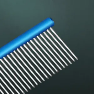 Stainless steel pet grooming comb with rounded teeth for cats and dogs shedding and detangling care.