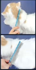 Professioneller Metall Haustierpflegekamm für Katzen Hunde blauer Griff detail