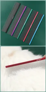 Pet grooming comb detail view showing lightweight aluminum dense teeth in multiple vibrant colors.