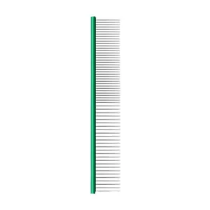 Stainless steel pet grooming comb with green handle, 16cm tool for dogs and cats.