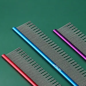 Pet grooming comb with long and short metal teeth for dogs and cats. Lightweight aluminum.