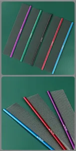 Colorful pet grooming comb for dogs and cats with fine stainless steel teeth detail view.