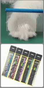 Stainless steel pet grooming comb with colorful handle for cats and dogs. Daily hair care tool.