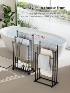 Floor standing metal towel rack with multi tier bars and optional wheels for bathroom use