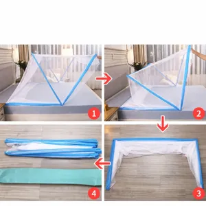 Dettaglio zanzariera pieghevole che mostra facile montaggio e custodia compatta per letto.
