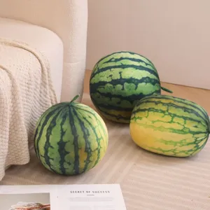 Detailed view of cute spherical watermelon plush pillows, soft fruit toy doll for cozy room decor.
