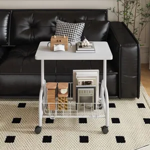 Petite Table d'Appoint de Canapé Minimaliste Moderne Meuble de Chevet Mobile Avec Panier de Rangement et Roulettes pour Salon Chambre