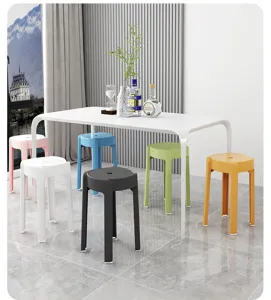 Modern minimalist plastic dining stool set, colorful stackable round chairs for home use scene