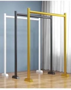 Minimalist floor standing clothes rack for small spaces, balcony bedroom metal garment display stand.
