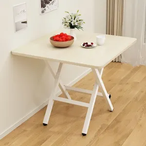 Minimalistische opklapbare eettafel met houtnerf blad en witte metalen poten voor kleine ruimte.