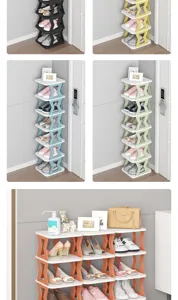 Detail view of multi-tier space-saving shoe rack showing colorful vertical storage options.