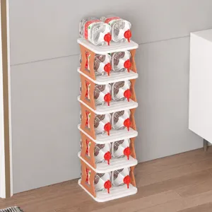 Multi-layer plastic shoe rack, compact vertical storage shelf for entryway, hallway, and dorm use.