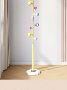 Kleurrijke paddenstoel vloer kapstok staande kledingrek met pastelkleurige haken voor thuis.