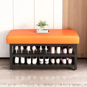 Panca Portascarpe da Ingresso Moderna Telaio in Metallo Sgabello Contenitore Imbottito Organizer a Doppio Ripiano per Corridoio