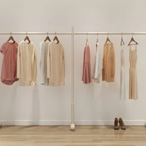 Modern floor-standing clothes rack for bedroom home organizing and garment drying.