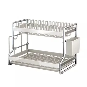 scolapiatti da cucina a 2 livelli con vassoio raccogligocce organizer bianco in metallo