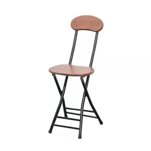 Modern minimalist folding chair with wooden grain seat and black metal frame for home use