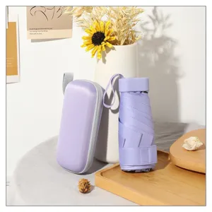 Parapluie capsule pliable en 5 sections avec étui zippé, protection UV soleil et pluie.