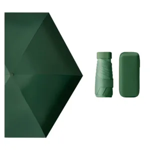 Parapluie de soleil mini 5 pliages 6 baleines vert foncé avec étui plat, parasol anti-uv vue principale.