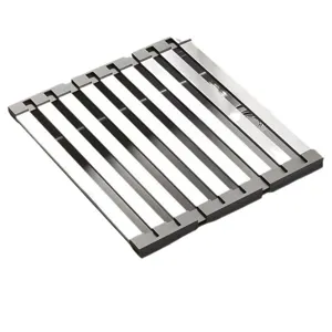 Stainless steel roll-up dish drying rack, foldable sink drainer for kitchen tableware storage.