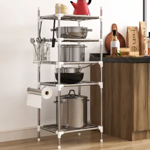 Multi-tier kitchen storage rack, freestanding metal pot organizer and shelf for home use.