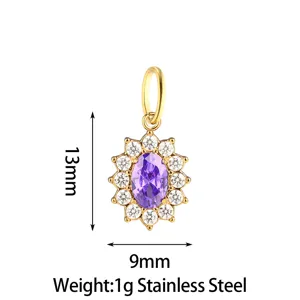 Stainless steel purple oval zircon sunflower pendant diy jewelry accessory 13x9mm