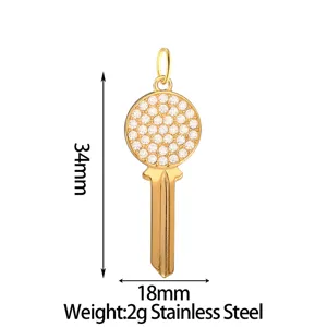 Stainless steel key pendant charm with rhinestones, 34x18mm jewelry DIY accessory for necklace