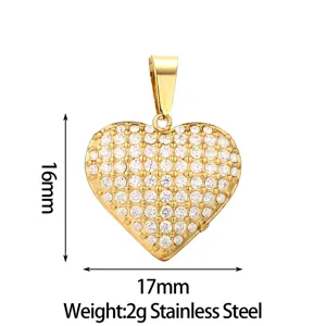 Elegant gold stainless steel heart pendant paved with sparkling cubic zirconia crystals.