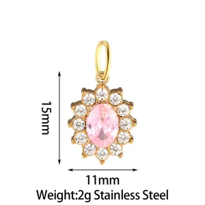 Stainless steel sunflower zirconia pendant detail view, showing size 15x11mm and weight 2g.