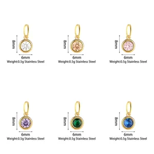 Stainless steel colored zircon pendant charm, detail view of round birthstone DIY jewelry accessory.
