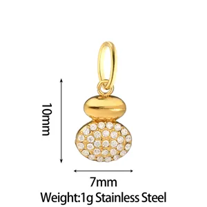 Stainless steel gourd pendant detail shot showing 10mm size and sparkling cubic zirconia stones.