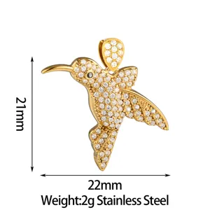 Stainless Steel Hummingbird Pendant Sparkling CZ Paved Gold Plated Animal Jewelry Detail