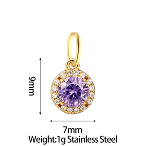 Stainless steel purple zirconia round pendant charm, delicate jewelry accessory DIY making.