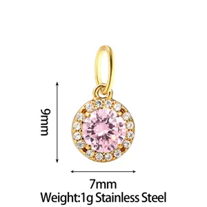 Stainless steel pendant close up detail showcasing pink zircon stone and size specs.