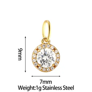 Stainless steel round halo pendant charm with cubic zirconia stones, lightweight jewelry accessory.