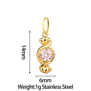Exquisite stainless steel candy shaped pendant with pink zircon, 14x6mm size and 1g weight for DIY jewelry.