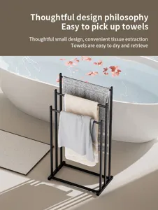 Standing towel rack black metal bathroom holder space saving floor organizer stand