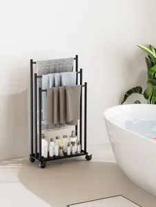 Floor-standing towel rack detail showing multi-tier metal bars and rolling wheels for bathroom.