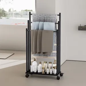 Black metal floor-standing towel rack with multi-tier bars and wheels for modern bathroom.