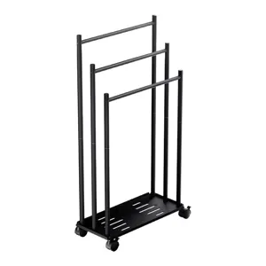 Freestanding black metal 3-tier towel rack with wheels for bathroom storage organization