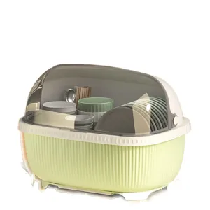 Plastic kitchen dish rack storage box with transparent dust cover and draining tray.