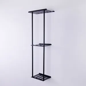 Black multi-layer wall mounted storage shelf for bathroom kitchen space saving organization.
