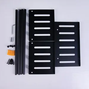 Wall mounted bathroom storage shelf replacement parts and metal panels flat lay detail shot.